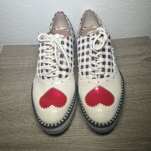 Betsey Johnson MARTI Pearls Red Heart Cut-outs Checks Wedge Shoes